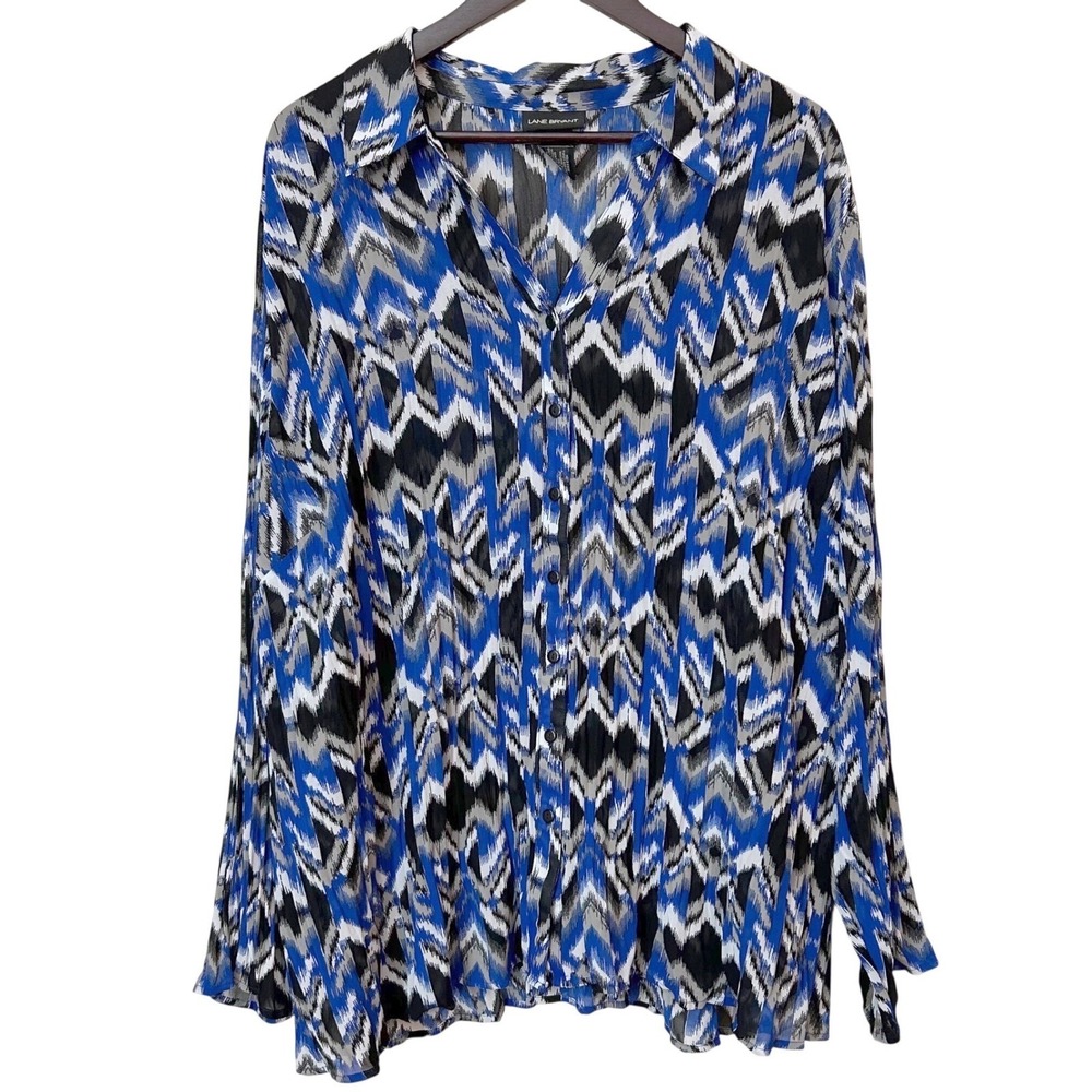 Lane Bryant Blouse Womens 26/28 Blue Chevron Ikat Bell Sleeve Boho Career Top - Picture 2 of 10